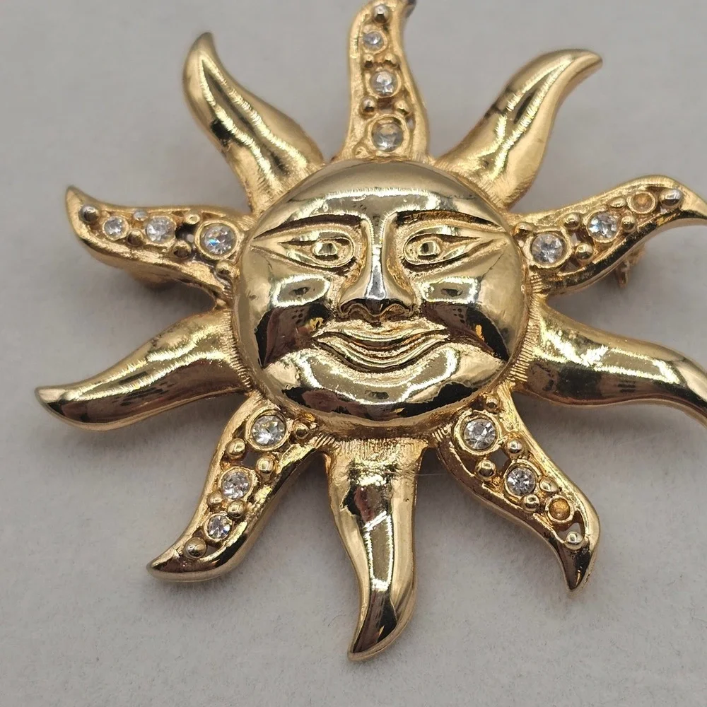 Celestial Sun & Moon Brooch Pin 2pc Gold Silver Tone Blue Enamel Rhinestone